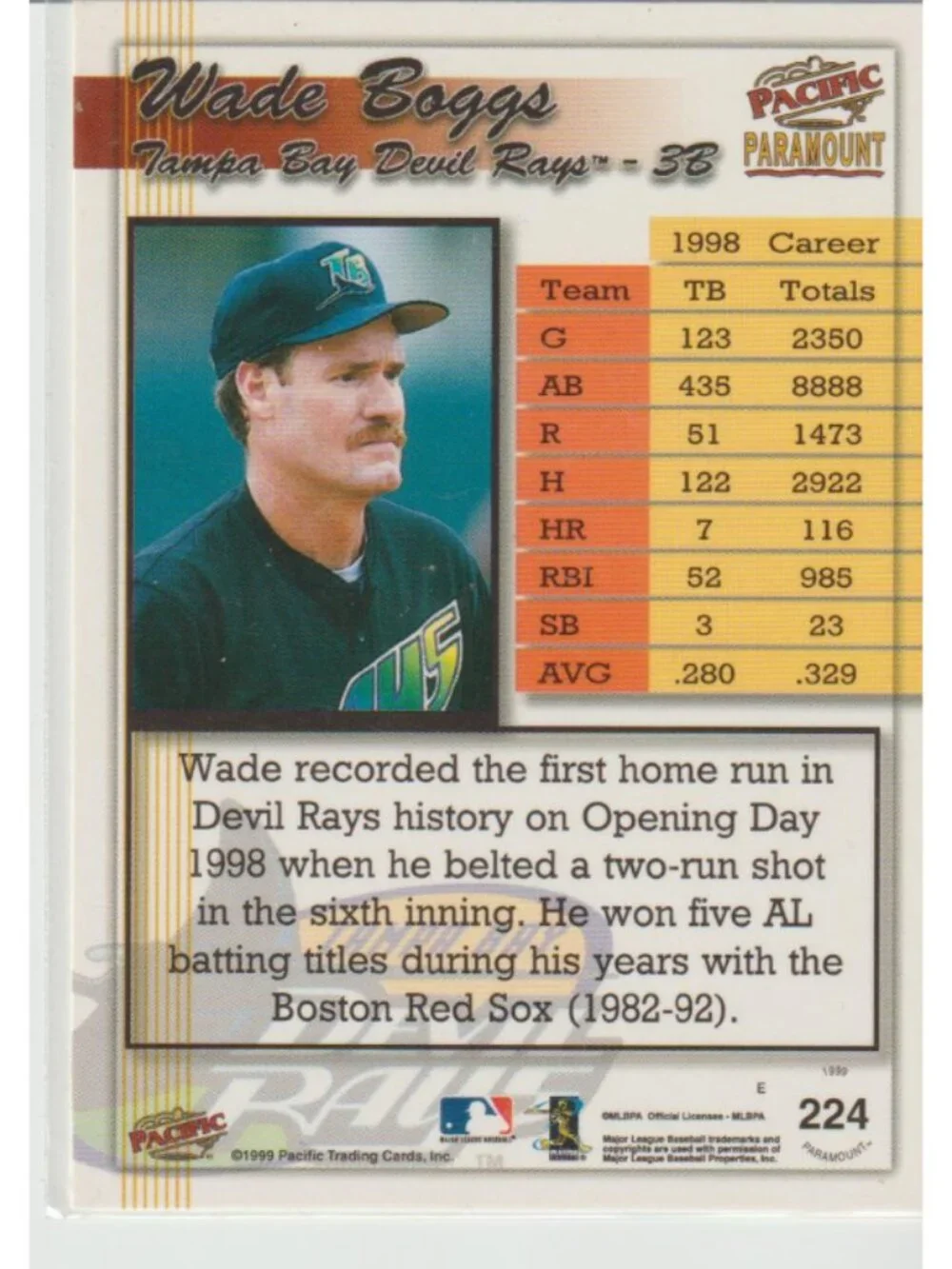 Rare Wade Boggs 1999 Pacific Paramount Copper Foil Parallel #224